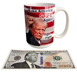 NEW! Donald Trump Coffee Mug with Patriotic Design 16 OZ and $100 Souvenir Bill
